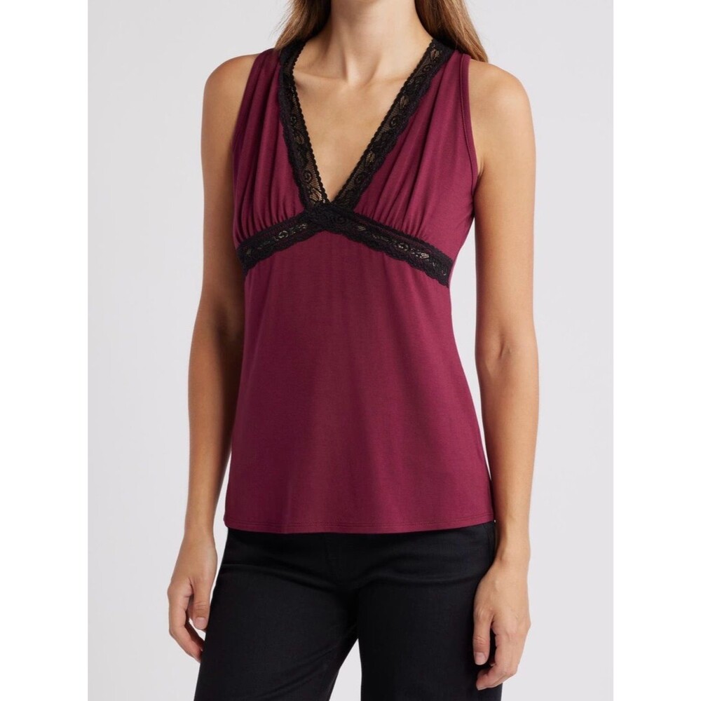 Loveappella Lace Inset Tank Top – XS – Burgundy & Black NWOT